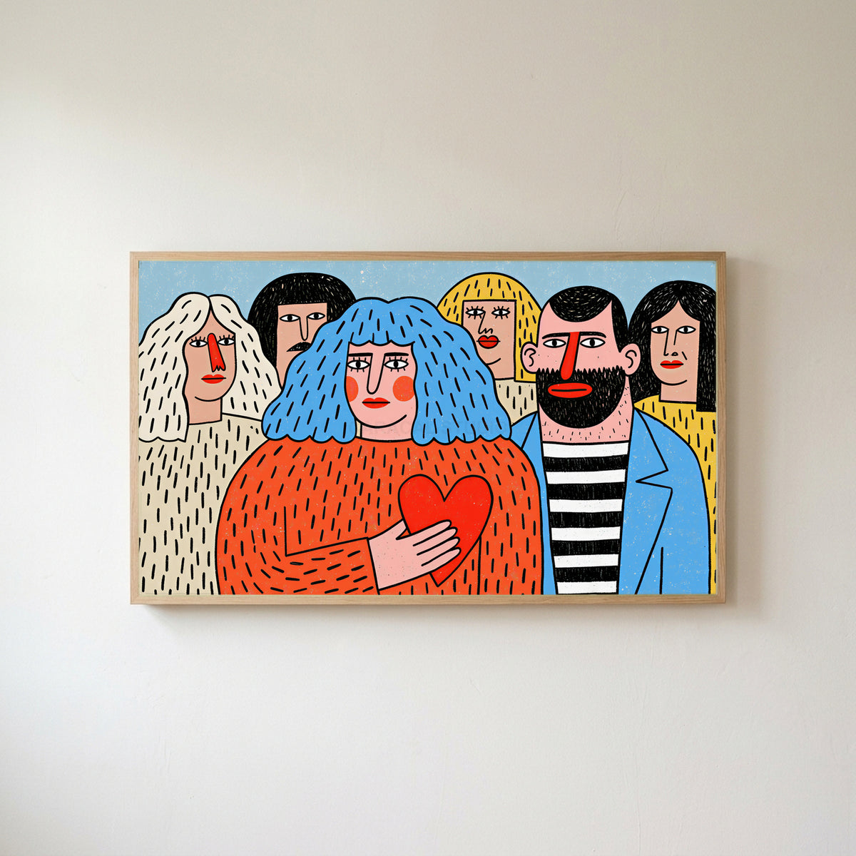 Colorful naive crowd with a heart Frame TV art in an oak frame on a warm white wall