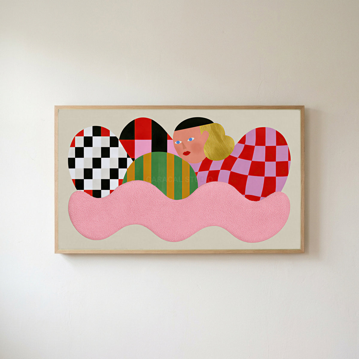 Checkered shapes portrait Frame TV art in an oak frame on a warm white wall