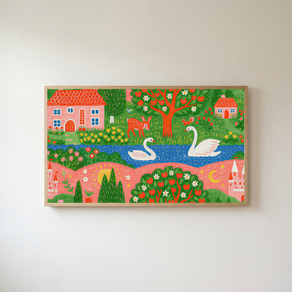 Storybook village with swans Frame TV art in an oak frame on a warm white wall