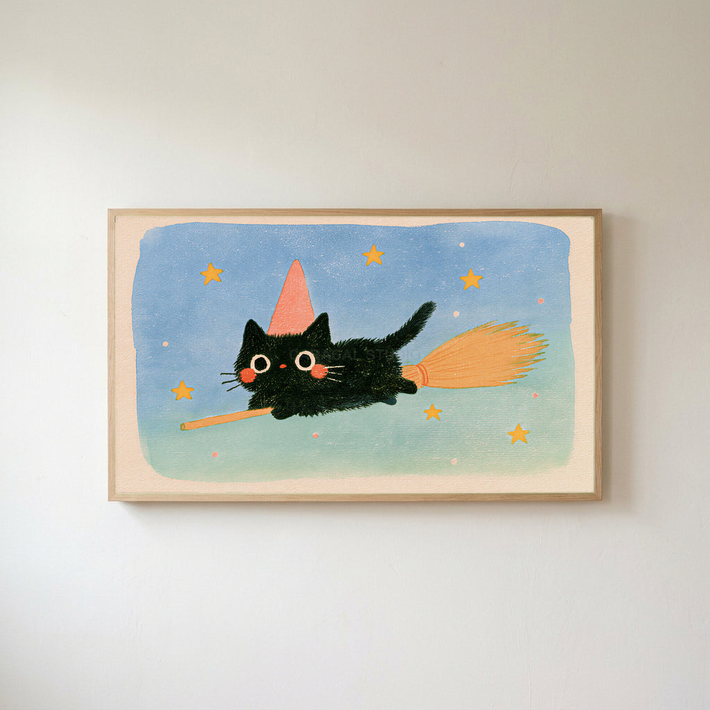 Black cat witch Frame TV art in an oak frame on a warm white wall