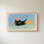 Black cat witch Frame TV art in an oak frame on a warm white wall