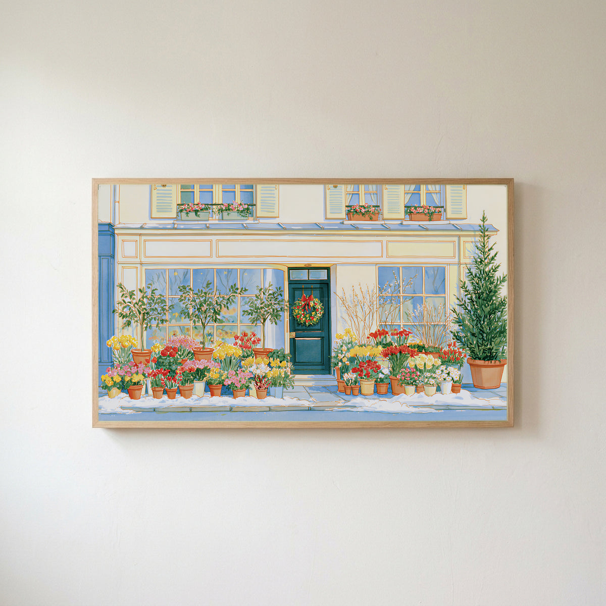 Paris flower shop Frame TV art in an oak frame on a warm white wall