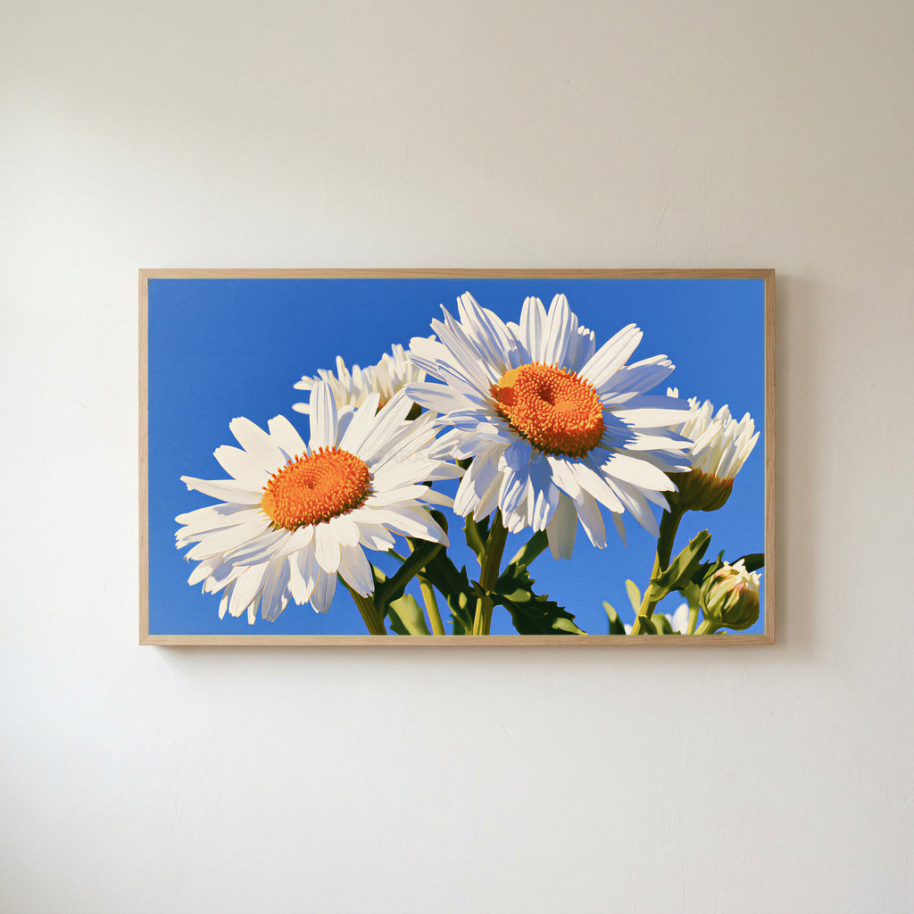 Daisy Frame TV art in an oak frame on a warm white wall