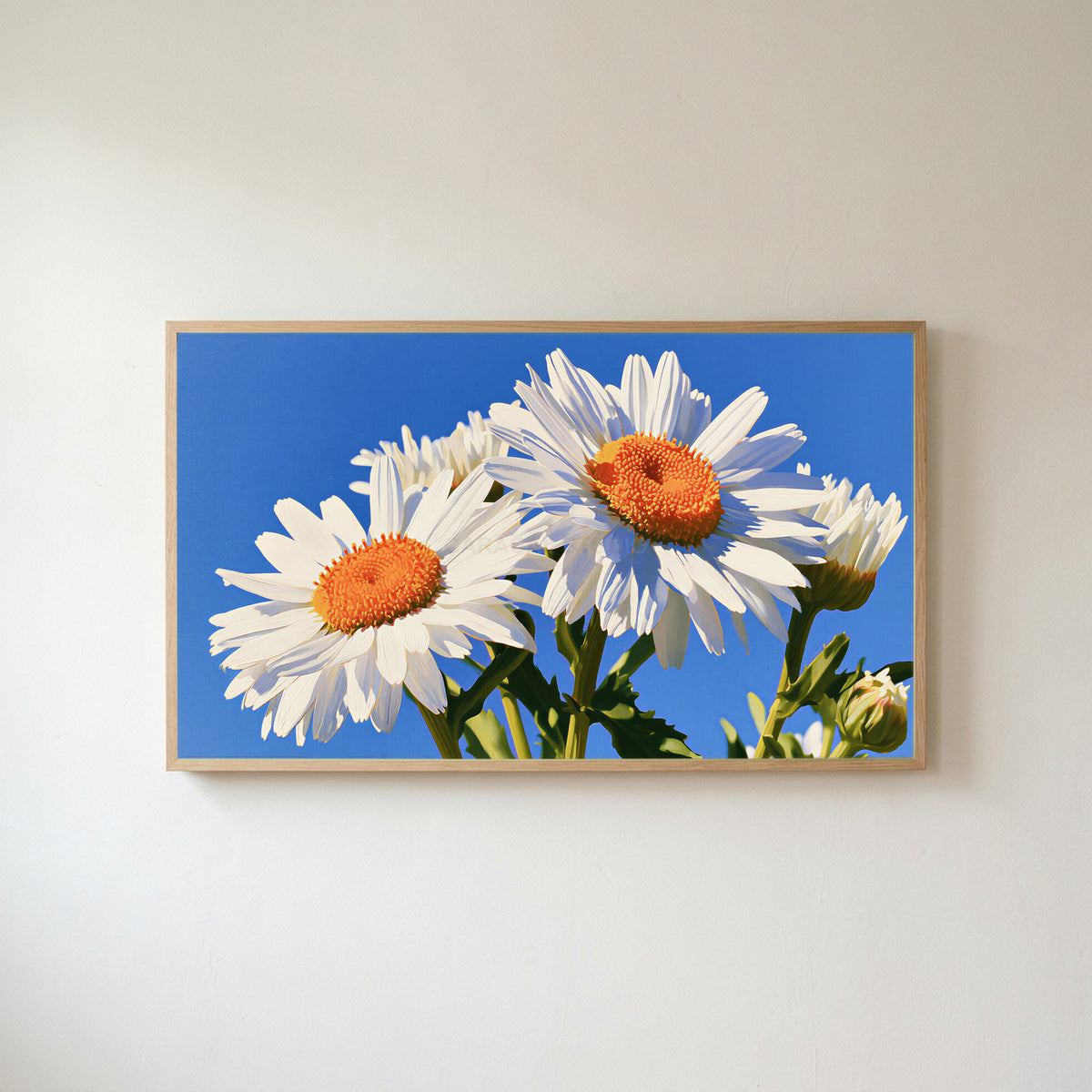 Daisy Frame TV art in an oak frame on a warm white wall
