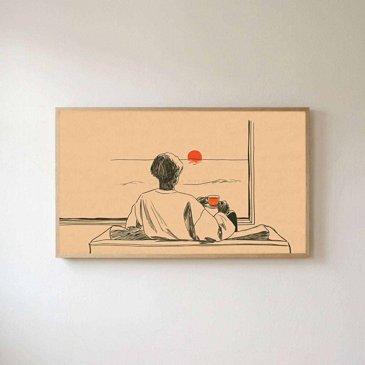 Sunset tea Frame TV art in an oak frame on a warm white wall