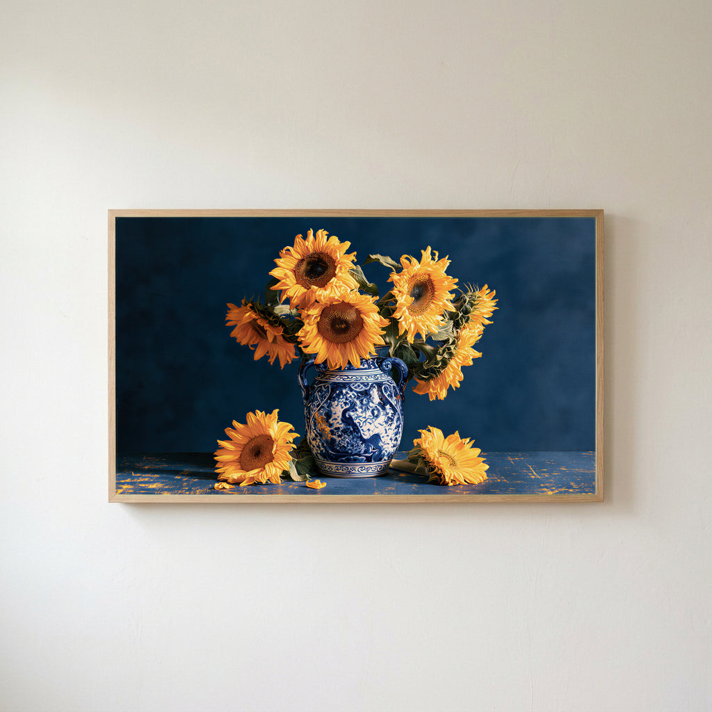 Sunflower still life Frame TV art in an oak frame on a warm white wall