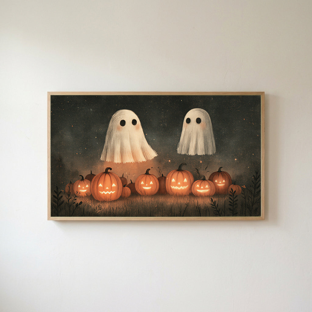Two ghosts and jack-o'-lanterns Frame TV art in an oak frame on a warm white wall
