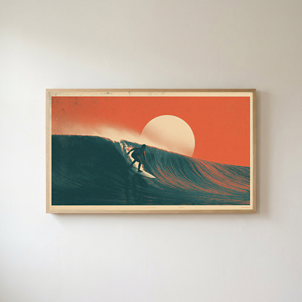 Surfer on a wave Frame TV art in an oak frame on a warm white wall