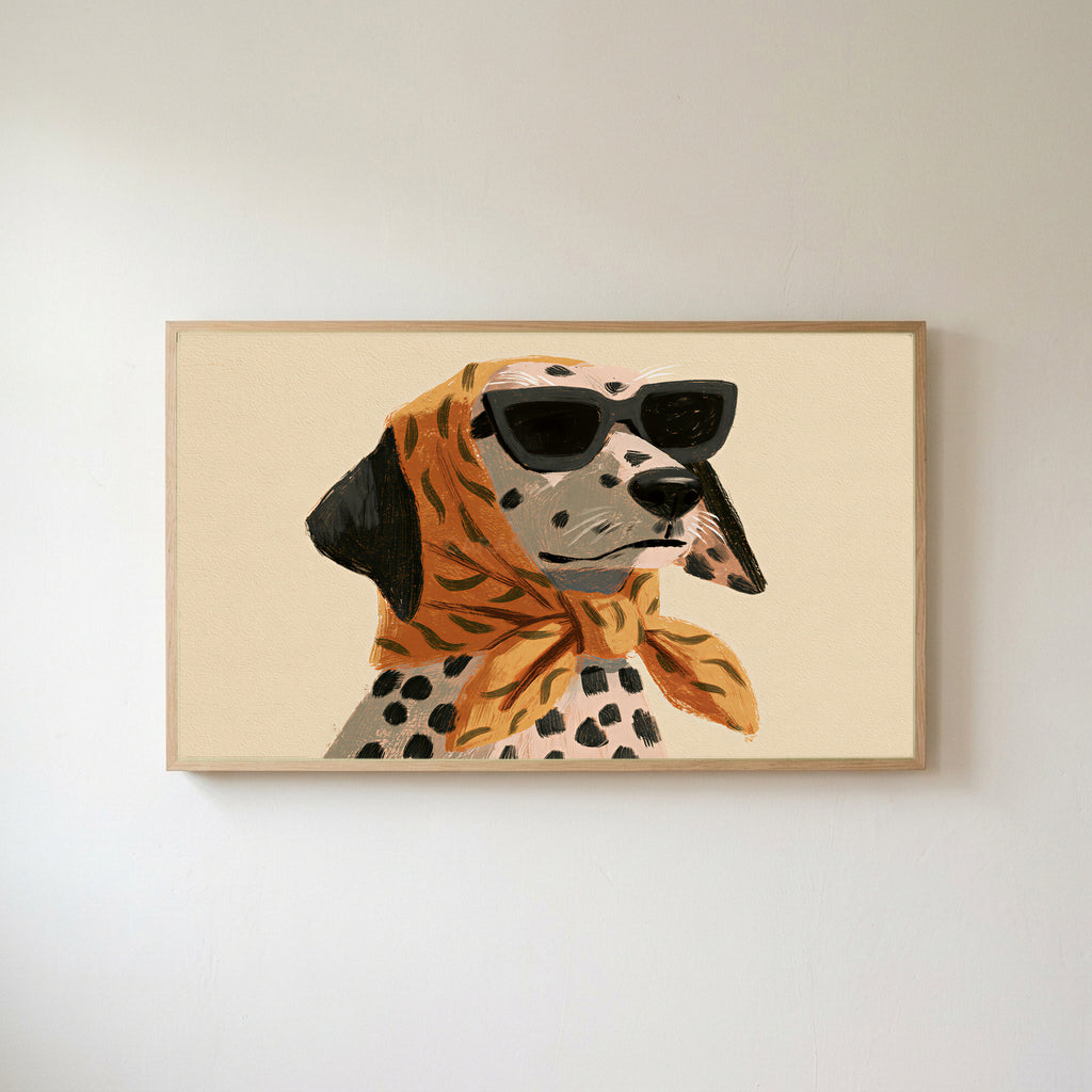 Dalmatian in sunglasses Frame TV art in an oak frame on a warm white wall