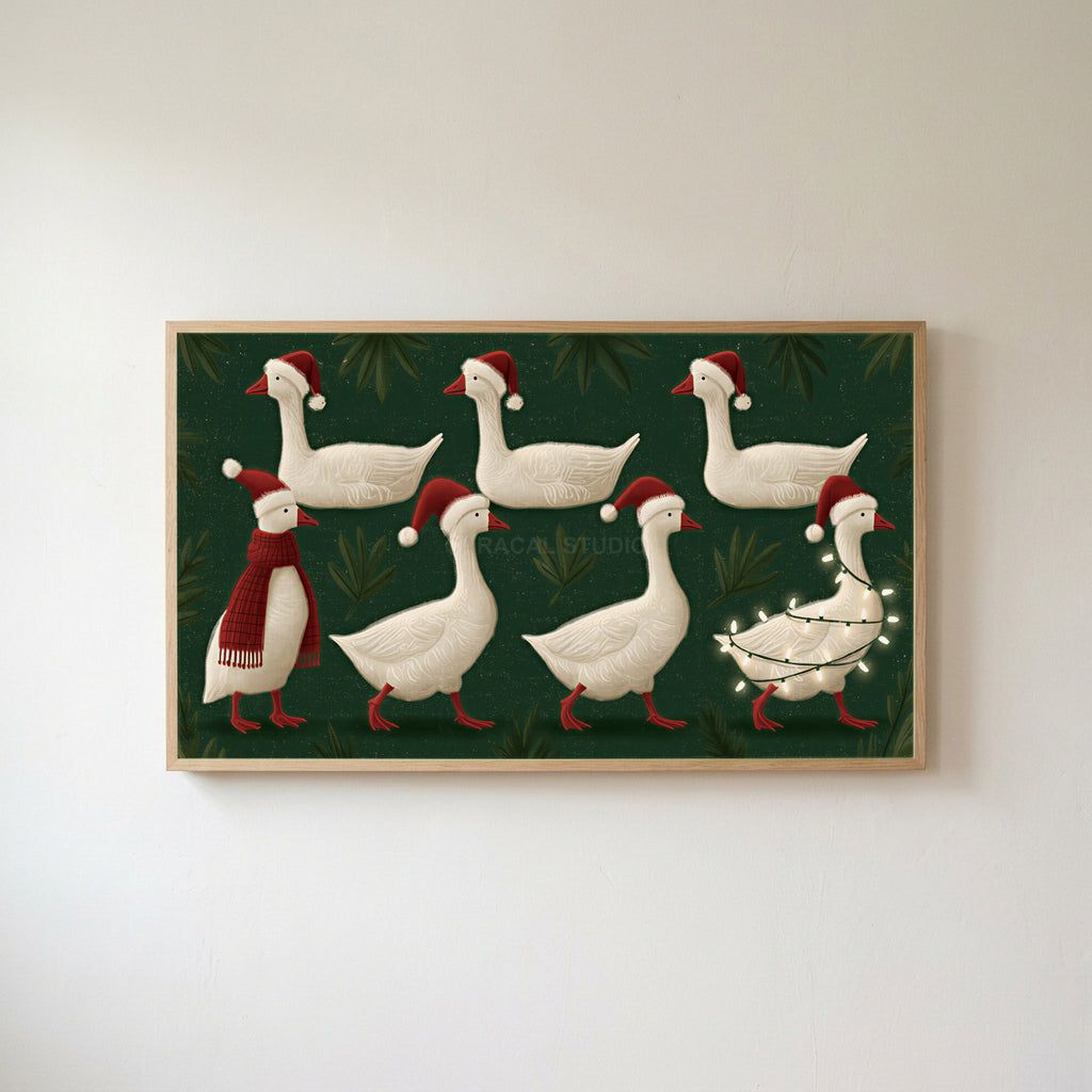 Geese in Santa hats Frame TV art in an oak frame on a warm white wall