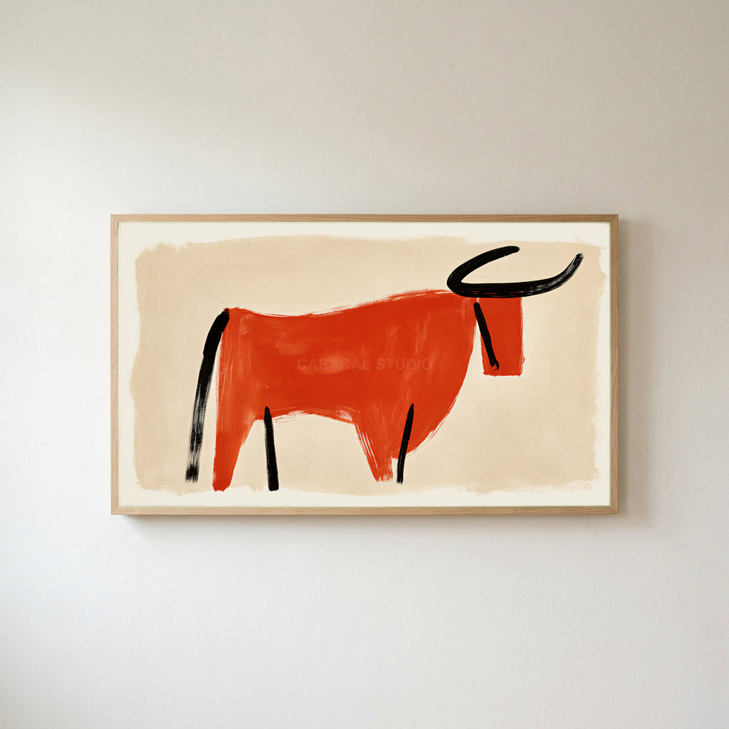 Minimalist bull Frame TV art in an oak frame on a warm white wall