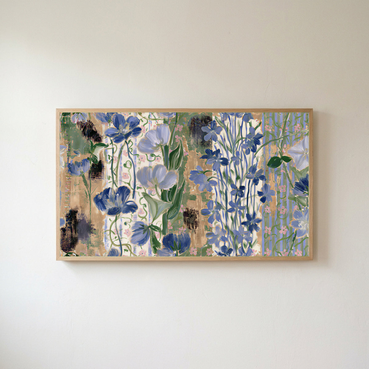 Vintage blue florals Frame TV art in an oak frame on a warm white wall