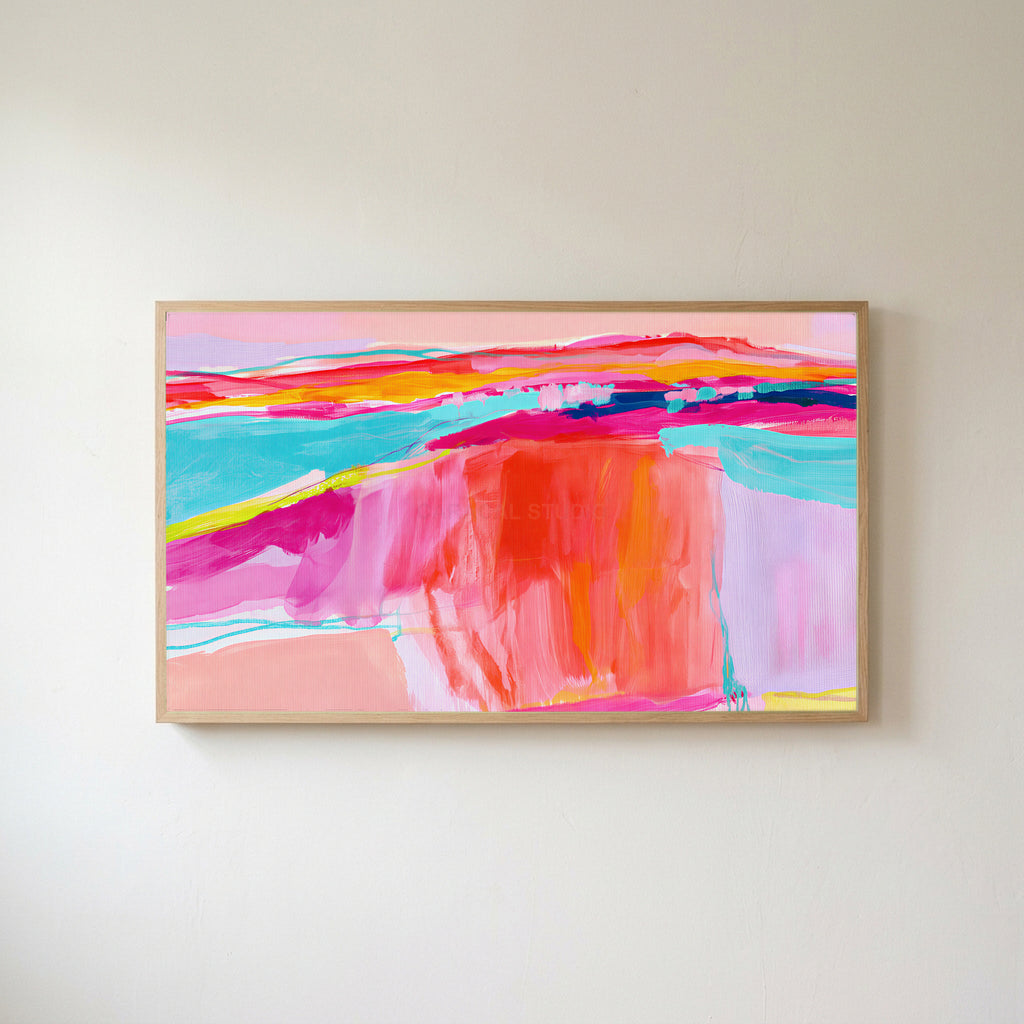 Pink abstract horizon Frame TV art in an oak frame on a warm white wall