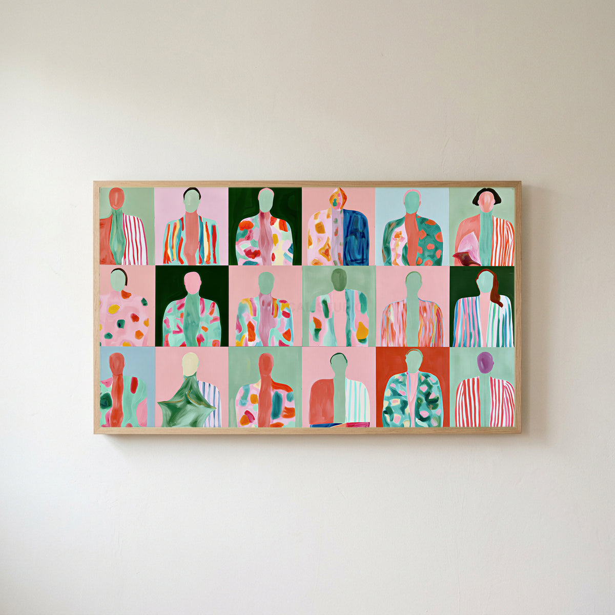 Faceless portraits Frame TV art in an oak frame on a warm white wall