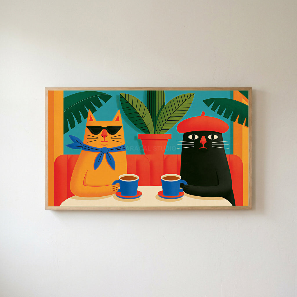 Funny cafe cats Frame TV art in an oak frame on a warm white wall