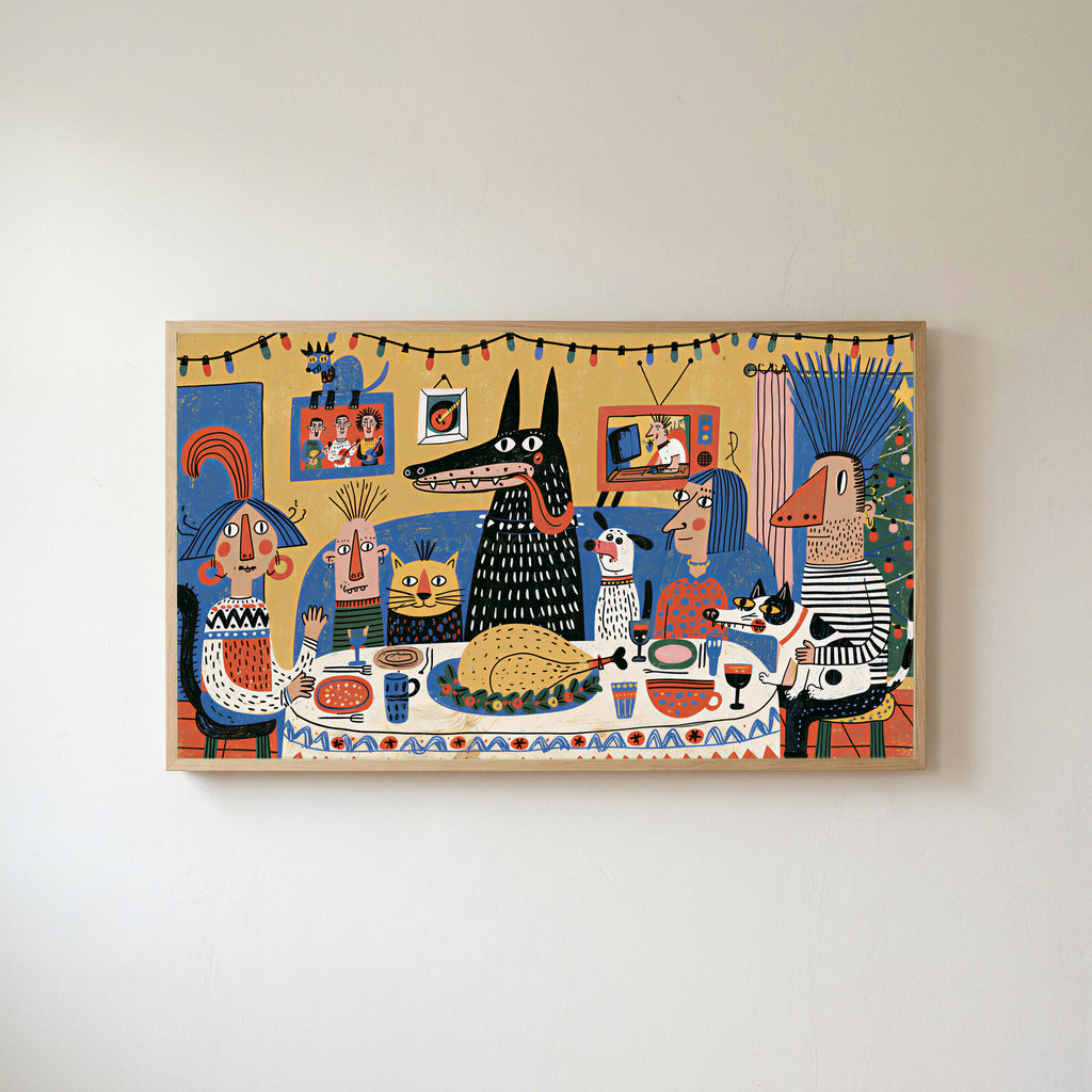 Folk art Christmas dinner Frame TV art in an oak frame on a warm white wall