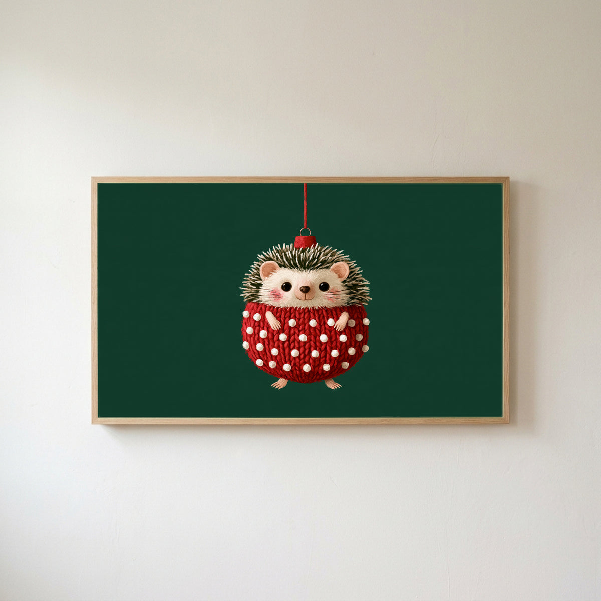 Hedgehog ornament Frame TV art in an oak frame on a warm white wall