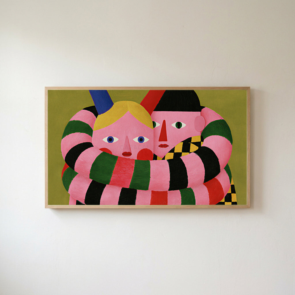 Long striped arms portrait Frame TV art in an oak frame on a warm white wall