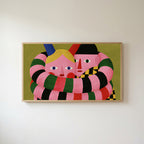 Long striped arms portrait Frame TV art in an oak frame on a warm white wall