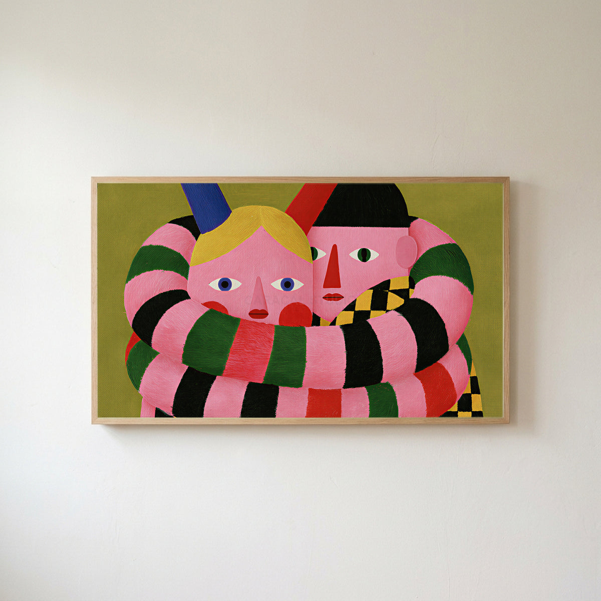 Long striped arms portrait Frame TV art in an oak frame on a warm white wall