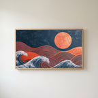 Japanese waves and sun Frame TV art in an oak frame on a warm white wall