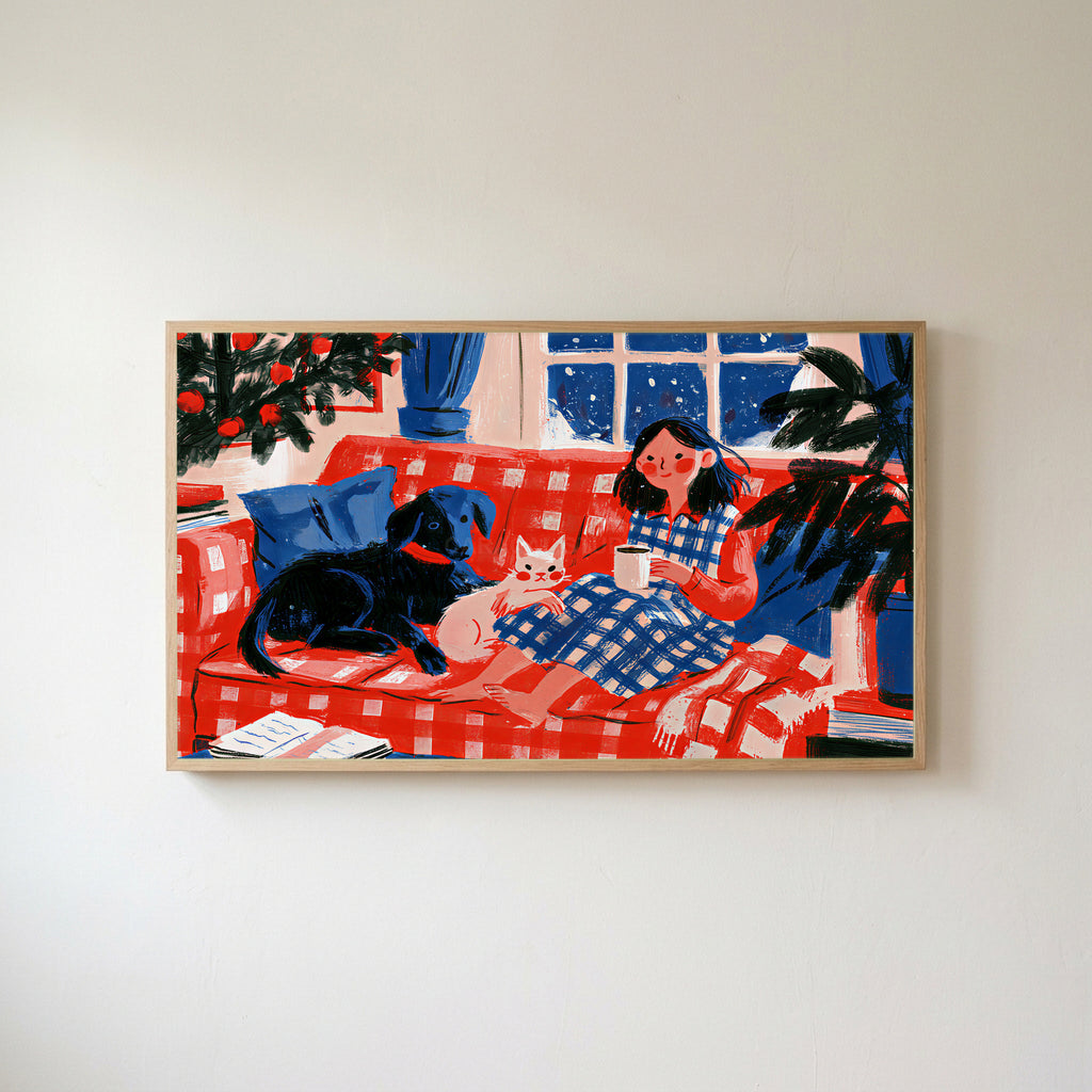 Cozy Christmas evening Frame TV art in an oak frame on a warm white wall