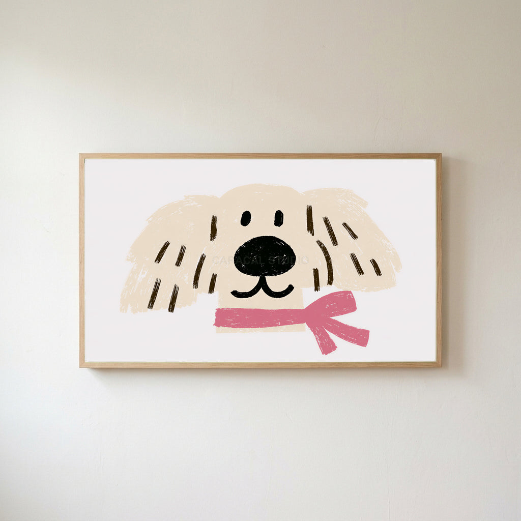 Puppy with a pink scarf Frame TV art in an oak frame on a warm white wall