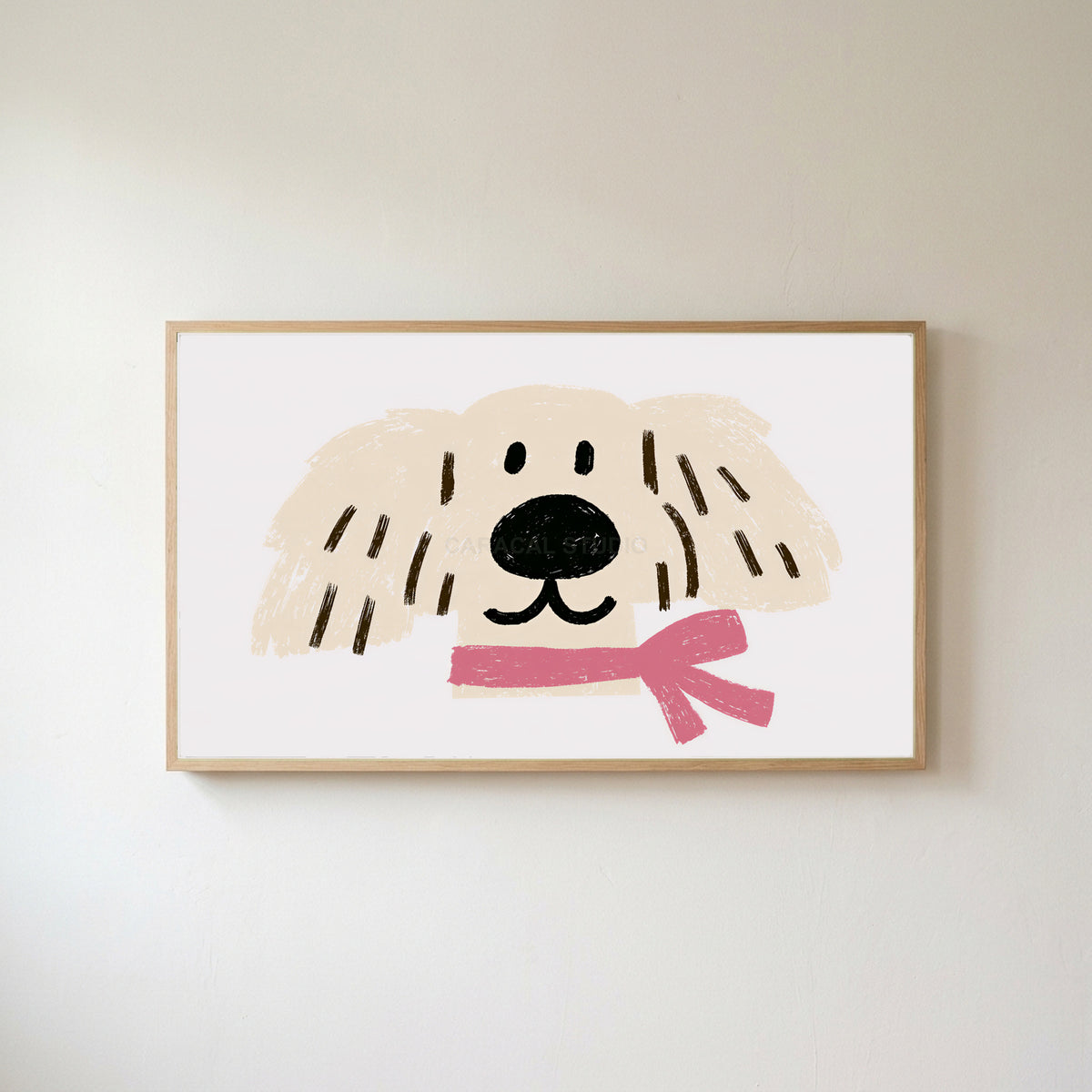 Puppy with a pink scarf Frame TV art in an oak frame on a warm white wall