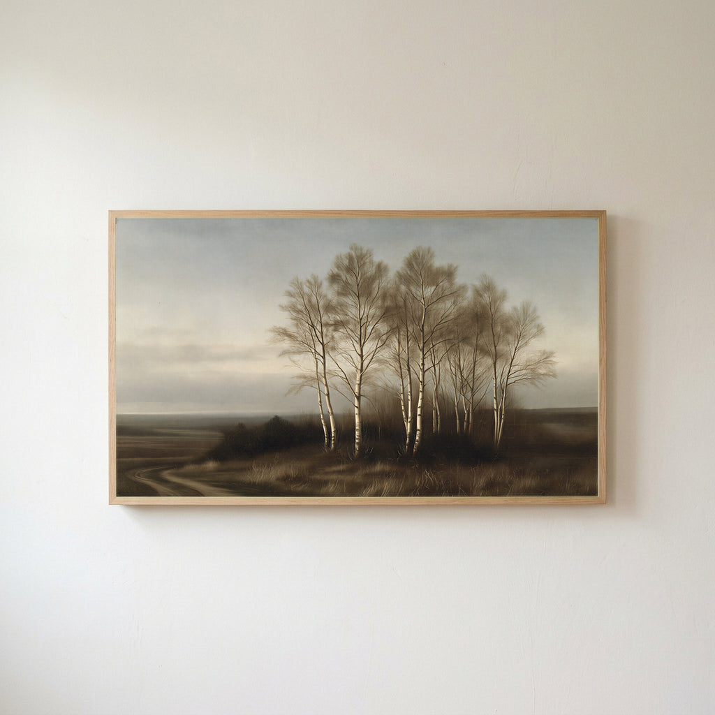 Birch trees landscape Frame TV art in an oak frame on a warm white wall
