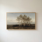 Birch trees landscape Frame TV art in an oak frame on a warm white wall