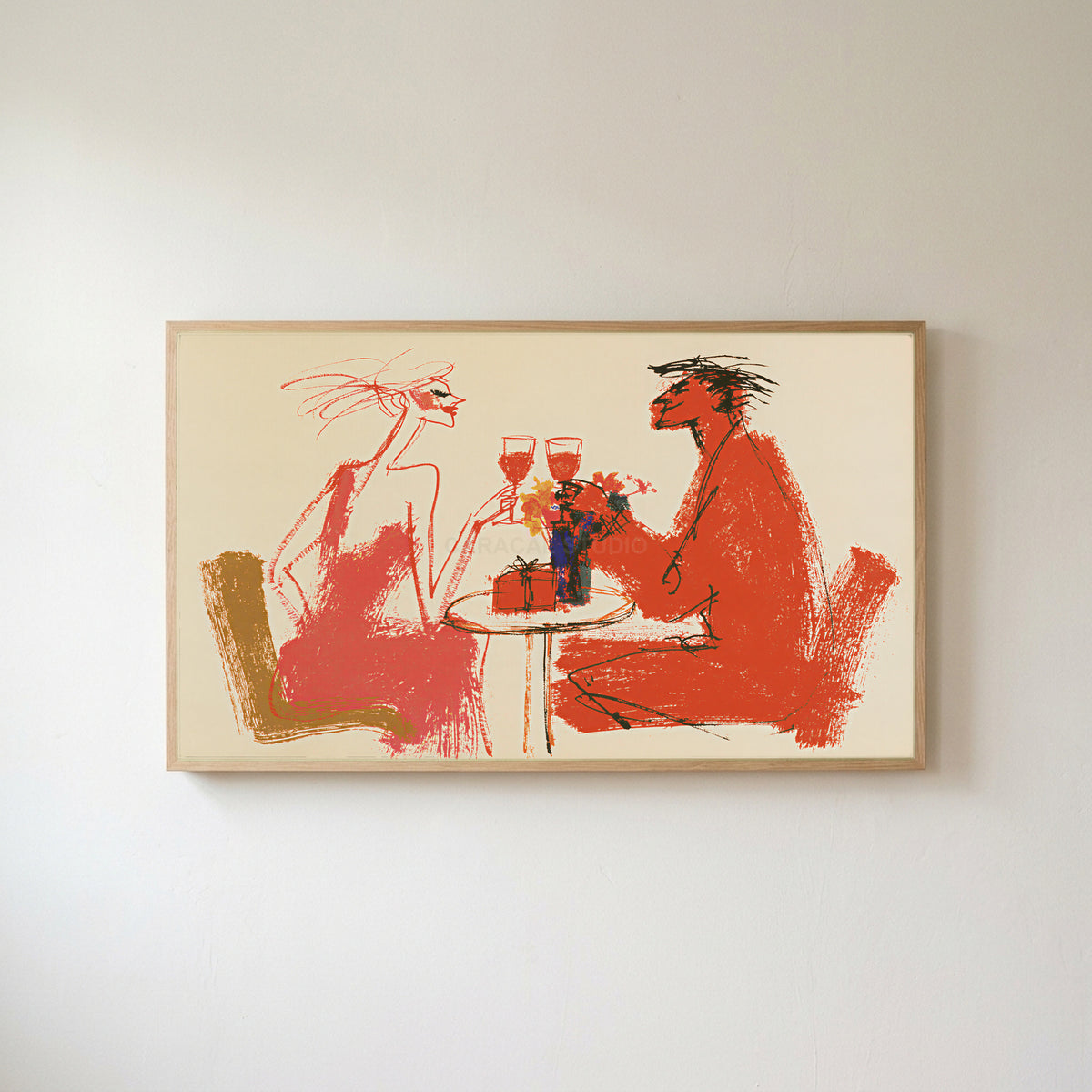 Wine toast Frame TV art in an oak frame on a warm white wall