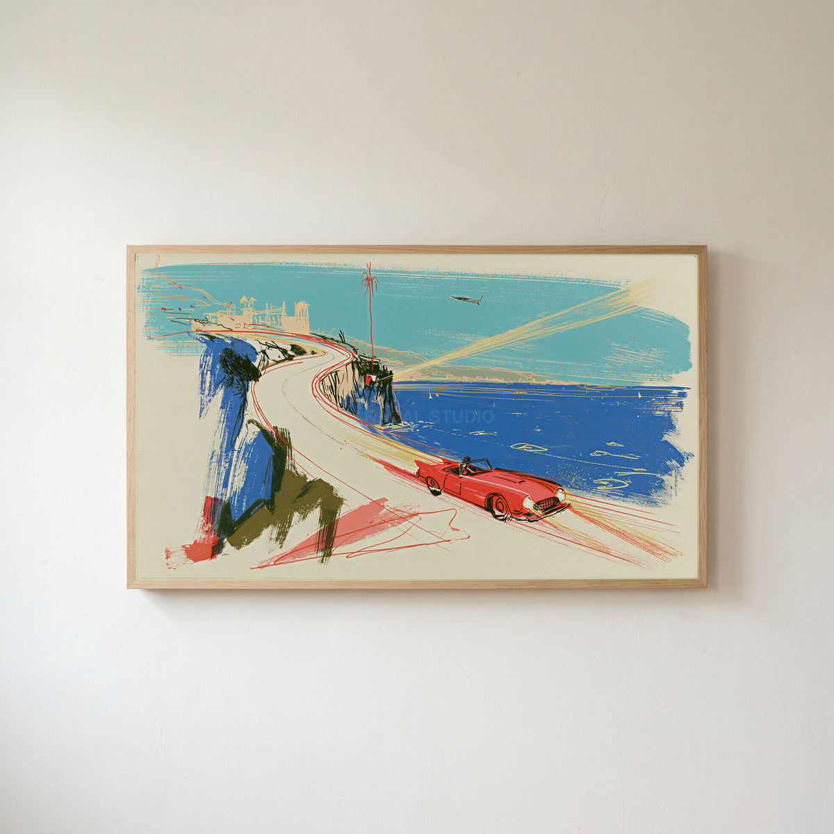 Red car on a coastal road Frame TV art in an oak frame on a warm white wall
