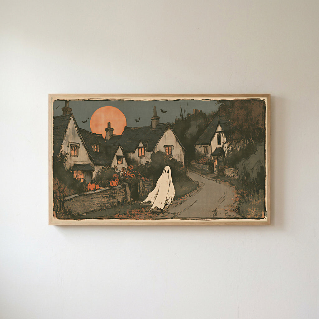 Ghost village Frame TV art in an oak frame on a warm white wall