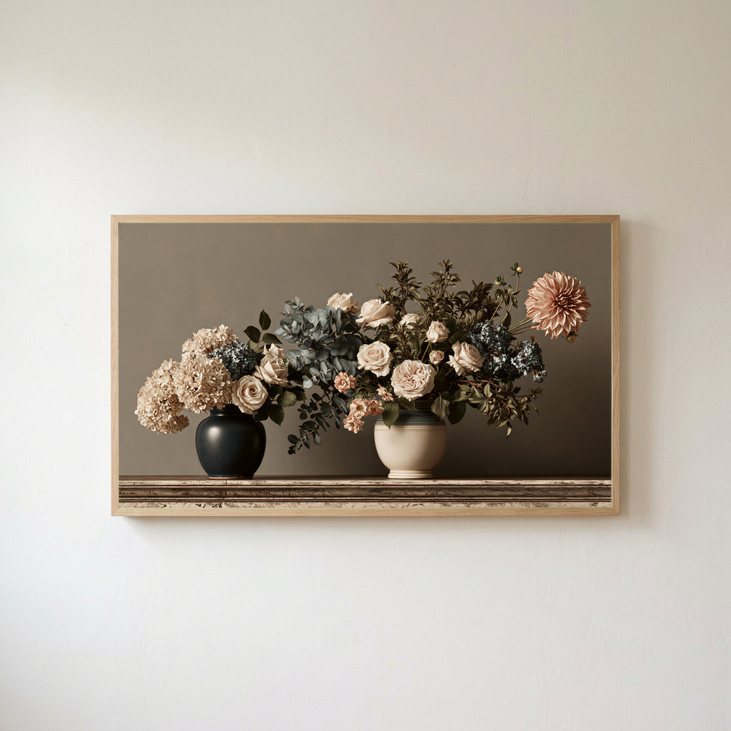 Roses and hydrangeas still life Frame TV art in an oak frame on a warm white wall