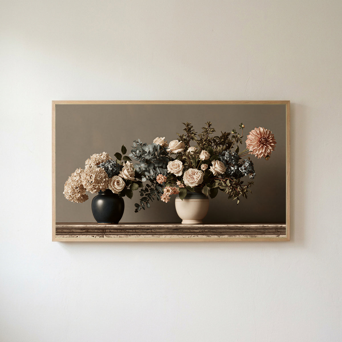 Roses and hydrangeas still life Frame TV art in an oak frame on a warm white wall