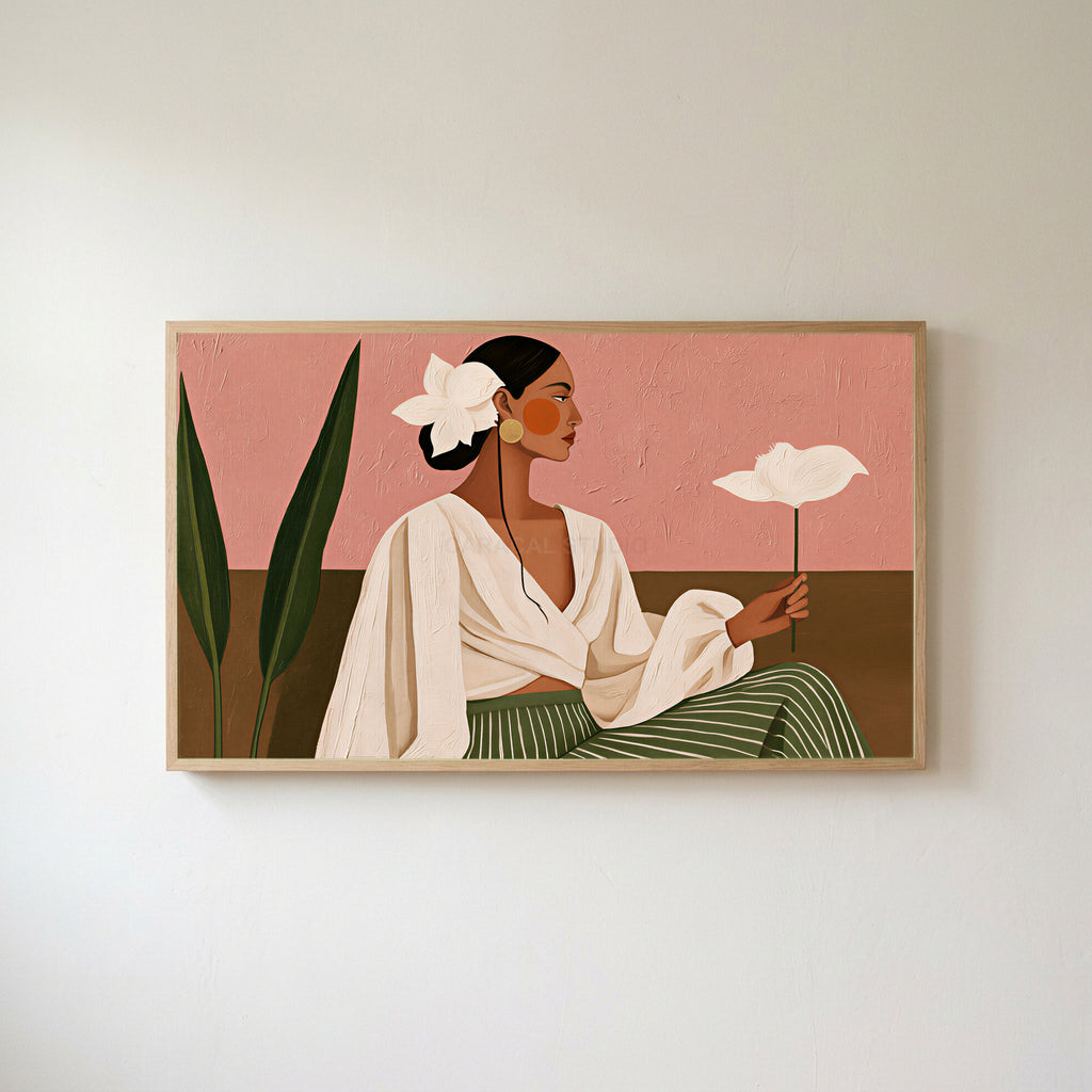 Woman with white flower Frame TV art in an oak frame on a warm white wall