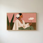 Woman with white flower Frame TV art in an oak frame on a warm white wall