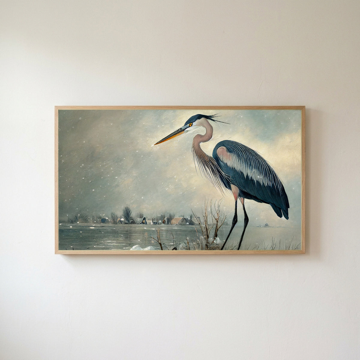 Blue heron Frame TV art in an oak frame on a warm white wall