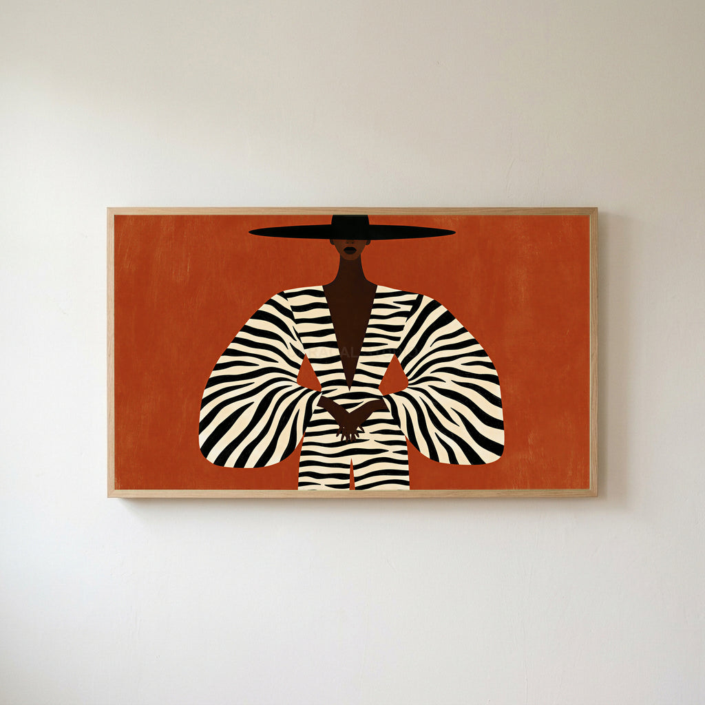 Woman in a zebra coat Frame TV art in an oak frame on a warm white wall