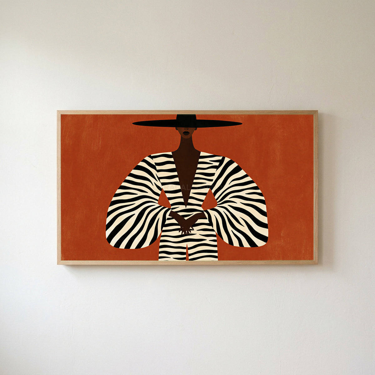 Woman in a zebra coat Frame TV art in an oak frame on a warm white wall