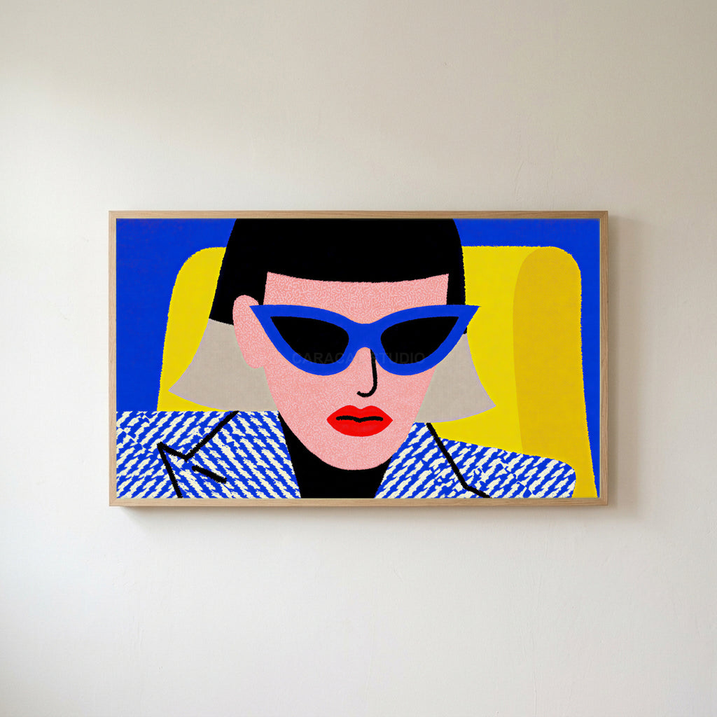 Pop art woman in sunglasses Frame TV art in an oak frame on a warm white wall
