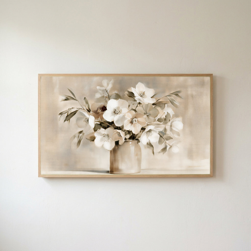 White hellebores Frame TV art in an oak frame on a warm white wall