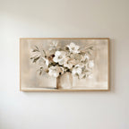 White hellebores Frame TV art in an oak frame on a warm white wall