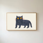 British Blue cat Frame TV art in an oak frame on a warm white wall