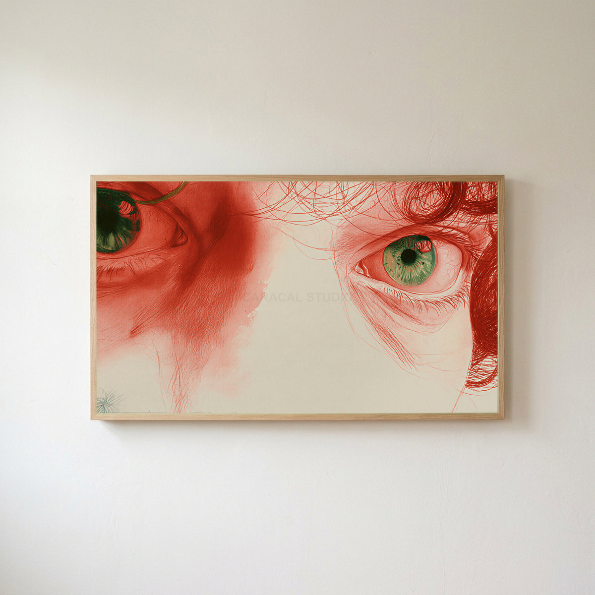 Red pencil eyes Frame TV art in an oak frame on a warm white wall