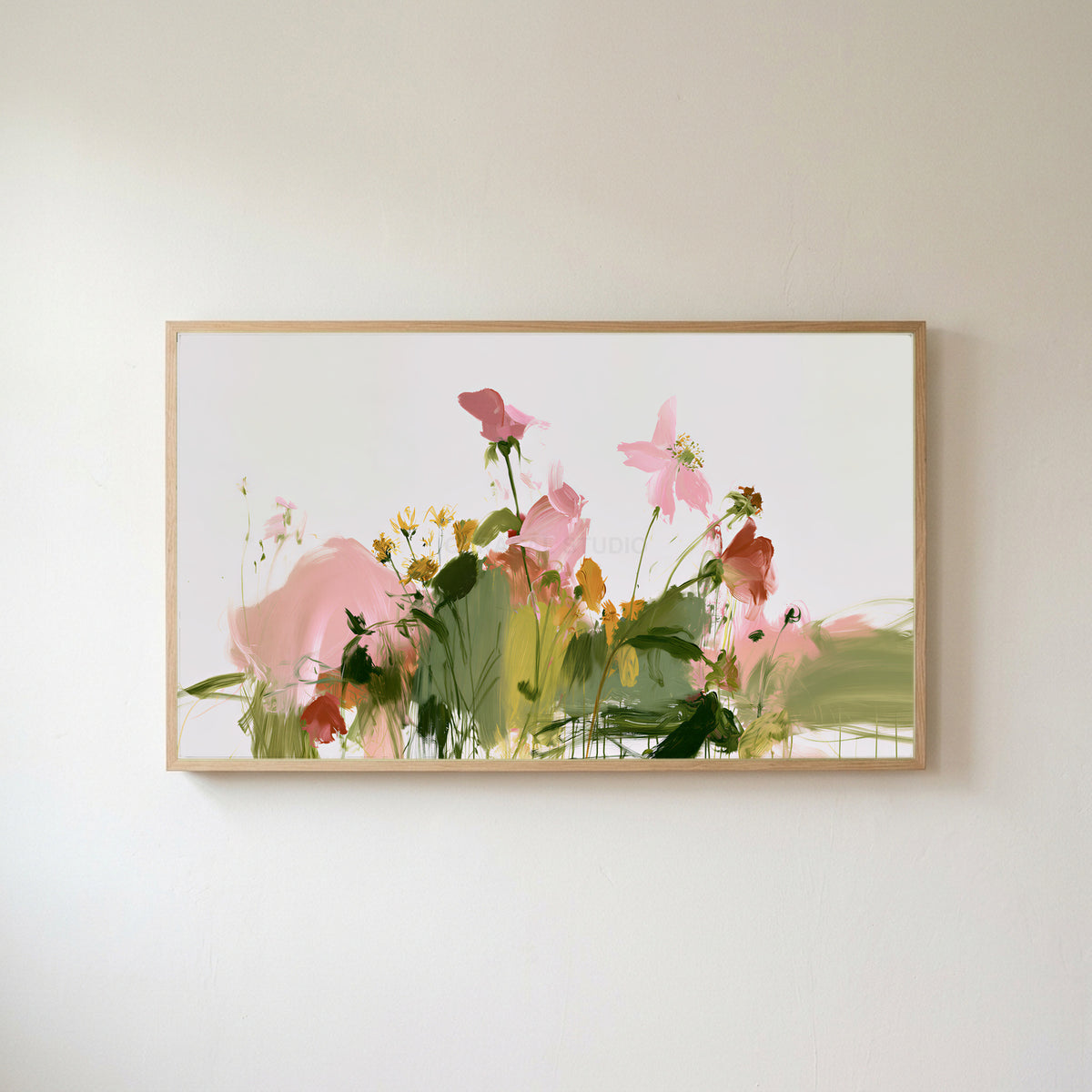 Abstract wildflowers Frame TV art in an oak frame on a warm white wall