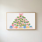 Pink bow Christmas tree Frame TV art in an oak frame on a warm white wall
