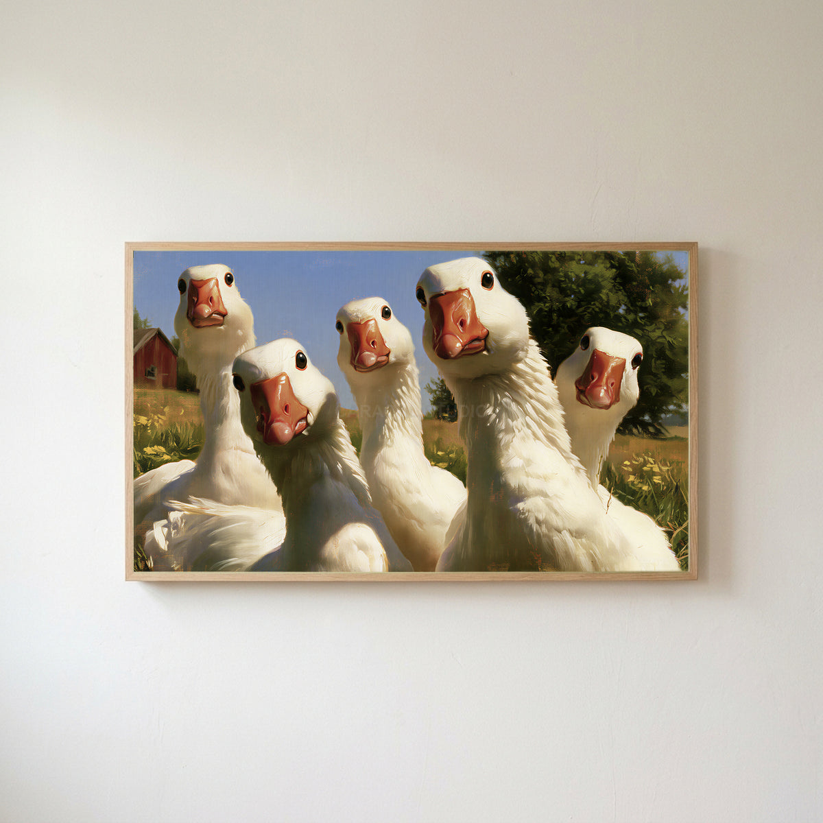 Curious white geese Frame TV art in an oak frame on a warm white wall