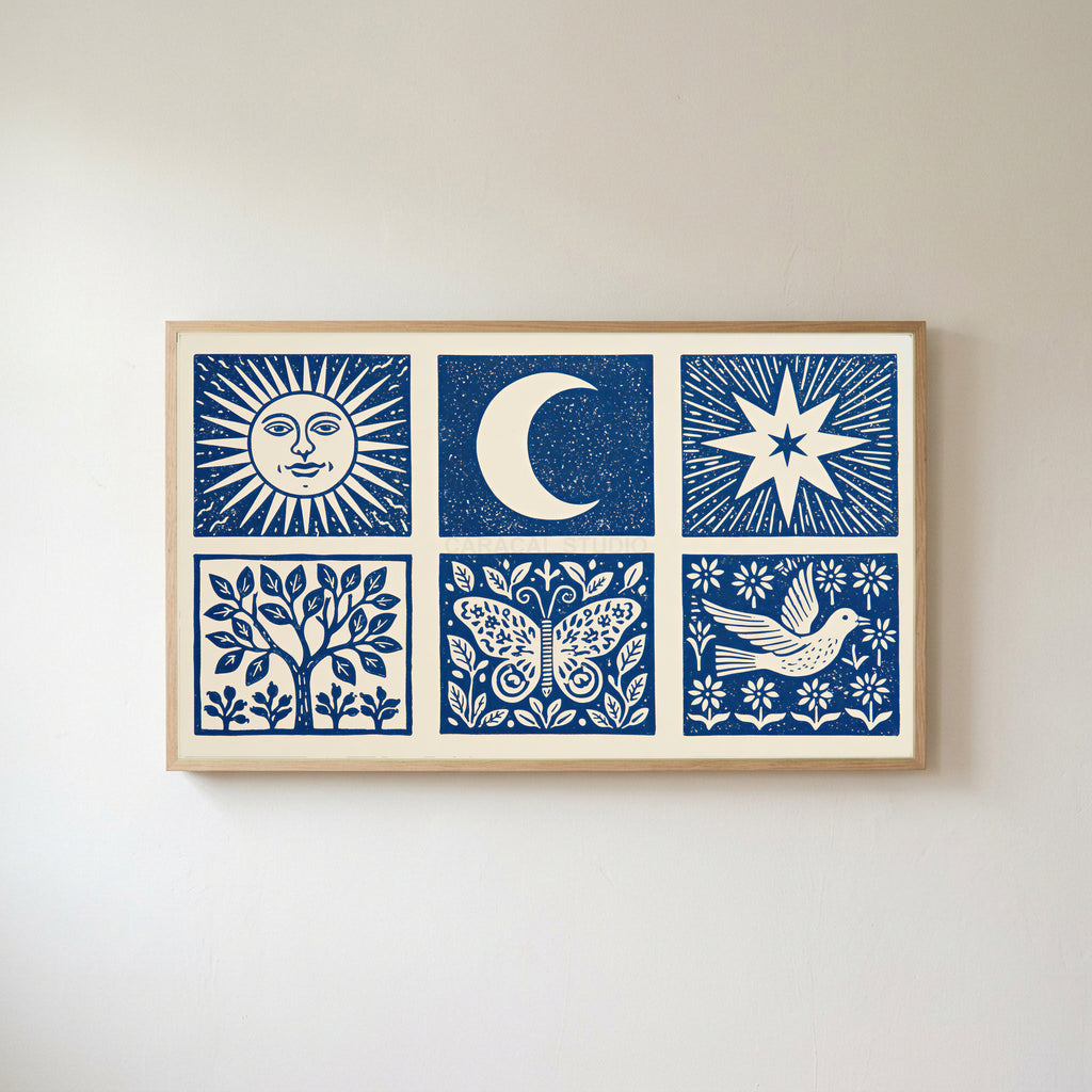 Celestial folk Frame TV art in an oak frame on a warm white wall