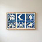 Celestial folk Frame TV art in an oak frame on a warm white wall